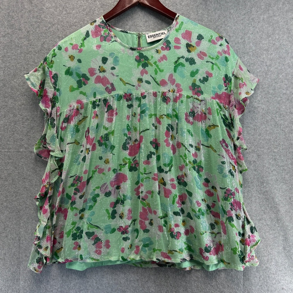 Essentiel Antwerp Floral Blouse Green Metallic Ruffle Babydoll Top Womens 36 S